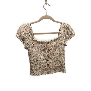 MUDD Floral and White Smocked Crop Top with Cute Ruffle Details